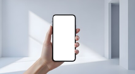 Hand holding smartphone with blank screen against white wall