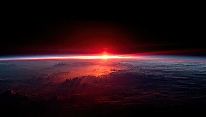 Vast, fiery sunset over Earth from space.  Clouds painted in fiery reds and oranges,  sun blazing on the horizon.  Dark space above,  atmospheric perspective