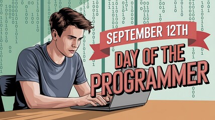 Young man programming on laptop celebrating day of the programmer