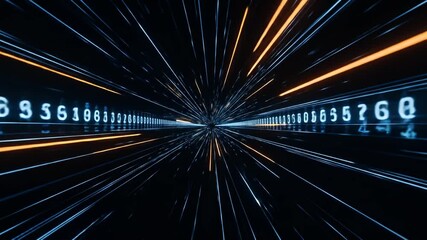 Wall Mural - digital tunnel perspective, with glowing lines and series of numbers on either side