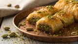 Baklava layered Middle Eastern dessert with pistachios and honey