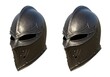 © okayon - Two antique iron knight helmets on a white background stand side by side