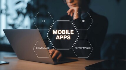 Unlocking mobile app success through strategic UI UX design, downloads, and performance optimization while a developer contemplates the digital landscape.