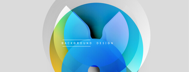 Wall Mural - abstract shapes overlap, creating vibrant blue, green, yellow gradients. white circles frame design,