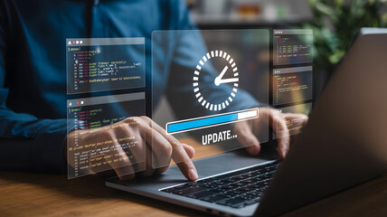 seamless software update process, progress bar and clock graphic overlaying a person's hands typing 