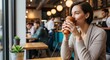 © Zahra - Elegant woman sipping from reusable cup inside coffee shop near a window, concept for lifestyle content, environmentally conscious consumption and sustainable business practices, young marketing