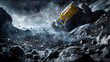 © momostudio - A yellow object falls through a rocky environment amidst an explosion.