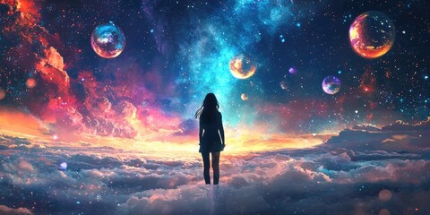 Wall Mural - a vibrant fantasy sky filled with light as a woman watches a floating world rise