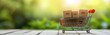 © Molly P - A vibrant shopping cart filled with cardboard boxes sits on a wooden surface. This scene captures the essence of shopping and delivery in a natural setting, promoting a fresh and eco-friendly shopping