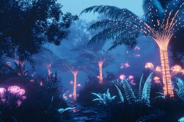 Wall Mural - digital jungle with wireframe trees and glowing plants, synthetic environment, peaceful and alien