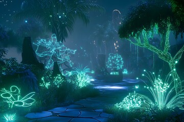 Wall Mural - digital jungle with wireframe trees and glowing plants, synthetic environment, peaceful and alien