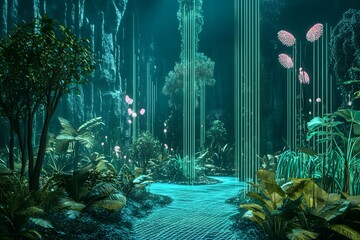 Wall Mural - digital jungle with wireframe trees and glowing plants, synthetic environment, peaceful and alien