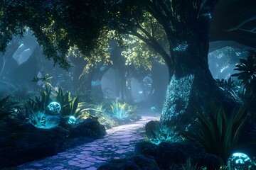 Wall Mural - digital jungle with wireframe trees and glowing plants, synthetic environment, peaceful and alien