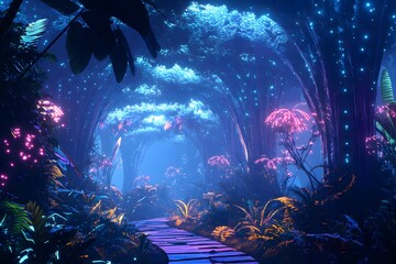 Wall Mural - digital jungle with wireframe trees and glowing plants, synthetic environment, peaceful and alien