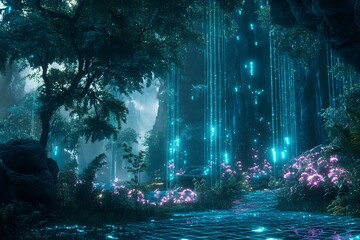 Wall Mural - digital jungle with wireframe trees and glowing plants, synthetic environment, peaceful and alien