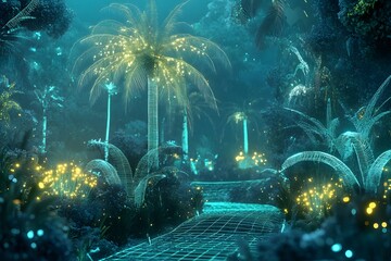 Wall Mural - digital jungle with wireframe trees and glowing plants, synthetic environment, peaceful and alien