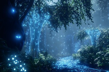 Wall Mural - digital jungle with wireframe trees and glowing plants, synthetic environment, peaceful and alien