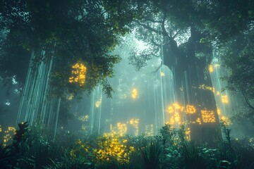 Wall Mural - digital jungle with wireframe trees and glowing plants, synthetic environment, peaceful and alien
