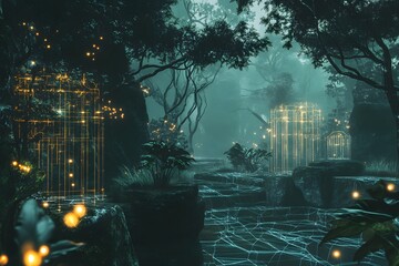 Wall Mural - digital jungle with wireframe trees and glowing plants, synthetic environment, peaceful and alien