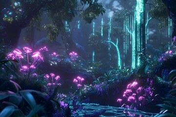 Wall Mural - digital jungle with wireframe trees and glowing plants, synthetic environment, peaceful and alien