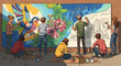 © Garsstd - A diverse group of young artists collaboratively paints a large, colorful mural on an outdoor brick wall.