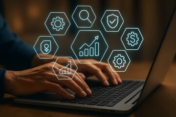person typing on laptop with digital technology icons overlayed