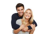 Happy beautiful young couple hugging and smiling, isolated on a transparent background