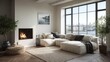 © dbdb123 - White corner sofa near fireplace. Scandinavian home interior design of modern living room.