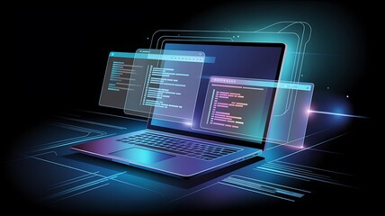 Futuristic laptop displaying glowing lines of code in a digital abstract environment