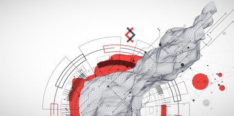 Wall Mural - Abstract data background with wireframe wave and circuit lines. Technology concept. Vector