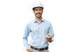 © ty - Close-up portrait of a young smiling man architect wearing a hard hat with blueprint plans looking at the camera on a transparent background