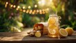© Adi - Homemade Iced Lemon Beverage with Fresh Lemons, Ginger, and Herbs in a Warm Outdoor Setting