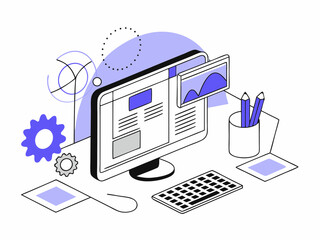 modern isometric illustration of a computer setup with a website design on screen and creative eleme