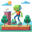 © NAHID'S GALLARY - Pixelated green character rollerblading on a platform isolated on white background