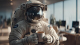 An astronaut taking a break in a modern office, enjoying a cup of tea. A unique contrast between space exploration and everyday life