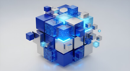 Abstract 3d render of cubes with blue and silver colors