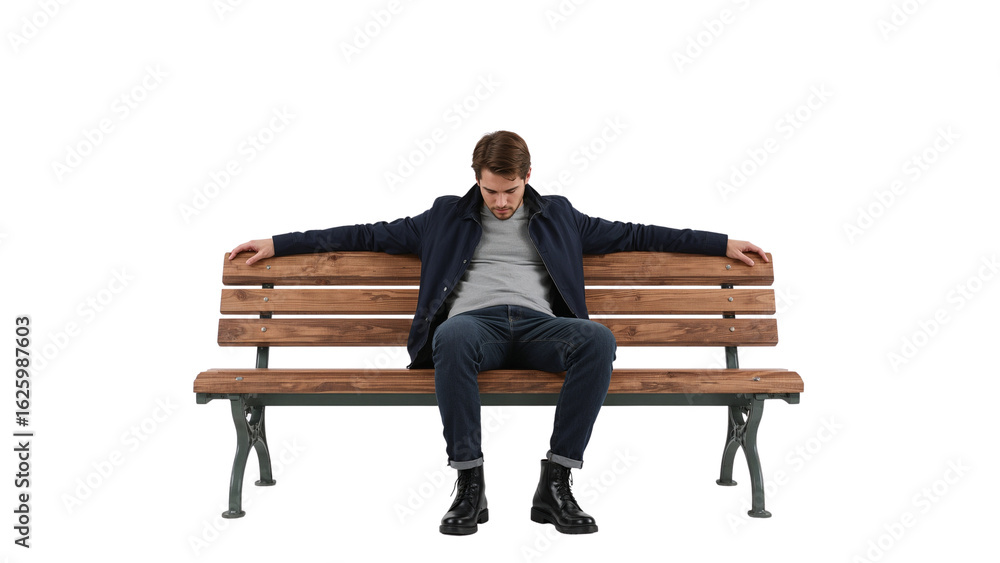 Man sitting alone on park bench looking down feeling sad and depressed ...