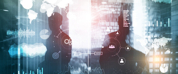 Wall Mural - business dashboard with key performance indicators on a virtual screen city interface