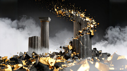 A dramatic, abstract composition featuring ancient-style stone columns cracking and exploding into a shower of black and gold fragments. Smoke swirls around the base, creating a sense of destruction a