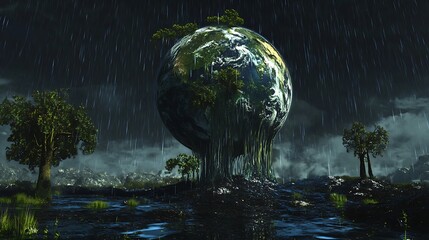 Wall Mural - earth globe with trees in a rainy environment and a body of water in a dark and moody scene