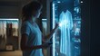 © Setia Fitra - Modern shopper interacts with futuristic holographic display to virtually try on clothing in a stylish retail environment, embracing technology.