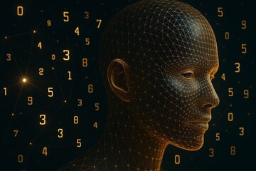 Wall Mural - abstract wireframe human head with glowing digital numbers on dark background representing artificia