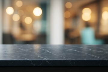 Wall Mural - dark marble tabletop with blurred warm lights in background, ideal for mockup or branding presentati