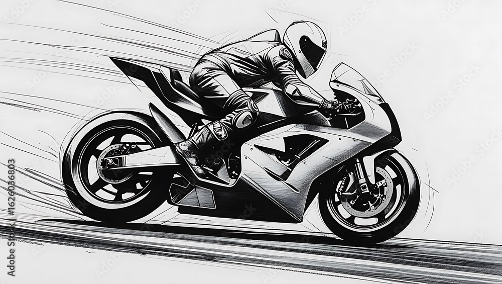 Black and white sketch of a motorcycle racer in full gear speeding on a ...