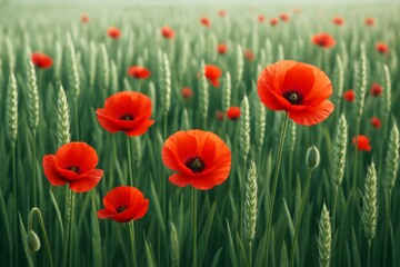 Wall Mural - blooming red poppies in green wheat field under soft natural light with blurred background, creating
