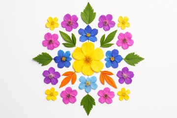 Wall Mural - Colorful symmetrical floral pattern made of petals and leaves arranged in creative mandala shape on white background. Ai generative. Ai generative