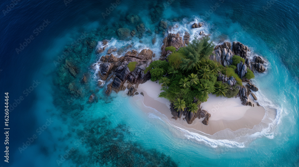 Aerial panoramic view of a deserted tropical island with white sand ...