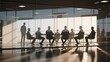 © meng - Silhouettes of people seated in a modern glass-walled conference room, with one individual standing nearby.