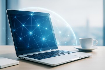 Wall Mural - futuristic digital network data visualization on laptop screen with glowing connection nodes in mode