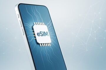 Wall Mural - smartphone with integrated esim chip concept on digital circuit board background symbolizing modern 